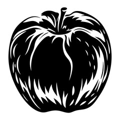 Abstract Black and White Apple Illustration with Stylized Leaves and Stem
