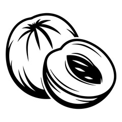 Black and White Illustration of Two Peaches, One Cut in Half