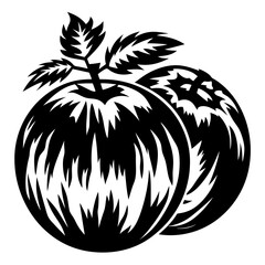 Stylized black and white image of two apples with leaves and stems