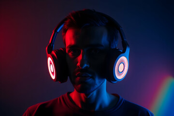 Captivating portrait of a man wearing hi-tech headphones with chromatic distortion, immersed in the vibrant EDM ambiance and state of the art audio technology