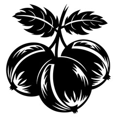 Elegant black and white graphic illustration of three glossy berries with leaves