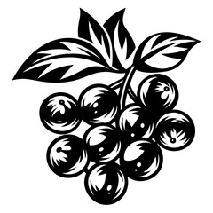 Stylized Black and White Illustration of Berries with Leaves in Silhouette