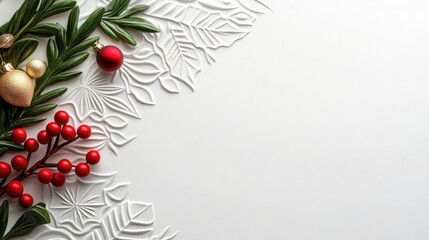 Festive Christmas Flat Lay with Red Berries and Gold Ornaments