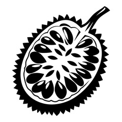 Black and white graphic illustration of halved jackfruit with seeds and stem