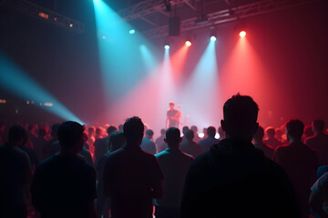 Obraz premium Captivating Silhouette Crowd under Colorful Stage Lights, A Vibrant High-Contrast Photo Evoking Energy, Excitement, and Collective Experience at a Live Performance