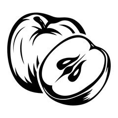 Monochrome Illustration of an Apple and an Apple Slice, Highly Stylized