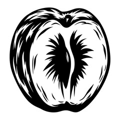 Striking Black and White Graphic Illustration of a Sliced Peach Fruit