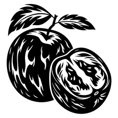 Stylized black and white image of two guavas, one whole and sliced