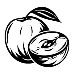 Stylized black and white illustration of a whole apple and apple half