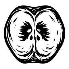 Monochrome illustration of a cut apple fruit with seeds in a simple style