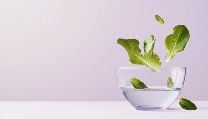 Fresh green leaves splash into a clear bowl of water, creating a vibrant and clean aesthetic.