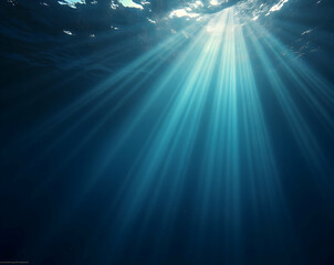 Fototapeta premium Captivating Underwater Illumination, Sunbeams Filtering Through Deep Ocean Depths Creating an Ethereal and Mesmerizing Aquatic Scene