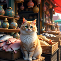 A cute cat sitting in front of a market stall with fresh fish on display 