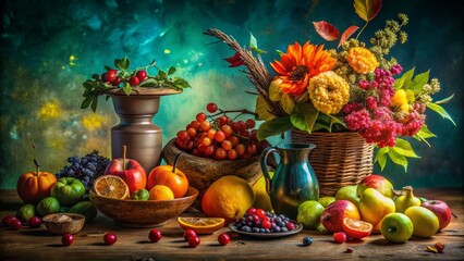 Abundant Autumn Still Life with Fruits and Flowers