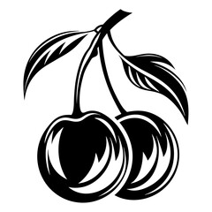 Elegant Black and White Cherry Illustration with Detailed Leaves and Stem