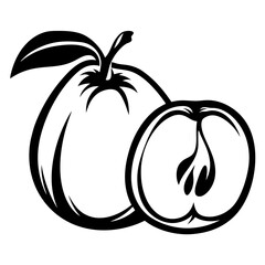 Black and White Apple Illustration with a Cut Half Displayed Together