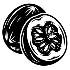 Monochrome illustration of halved passion fruit, showcasing its seeds and texture