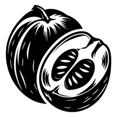 Stylized Black and White Illustration of a Melon Cut in Half Fruit