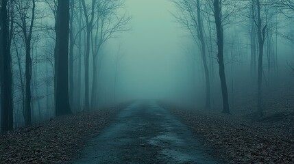 Fototapeta premium Misty Forest Path Trees loom over a damp road shrouded in thick fog
