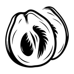 Monochrome depiction of two avocado halves with central pits and leafy texture