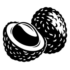 Vector drawing of two lychee fruits one whole and one half showing pulp