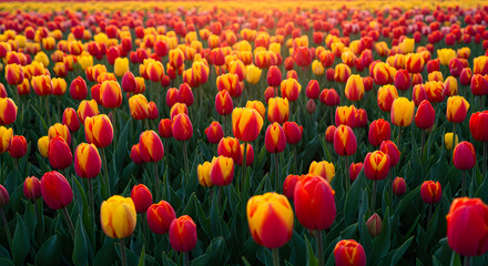 Golden Hour Tulip Field: Red and Yellow Bicolor Blooms at Sunset