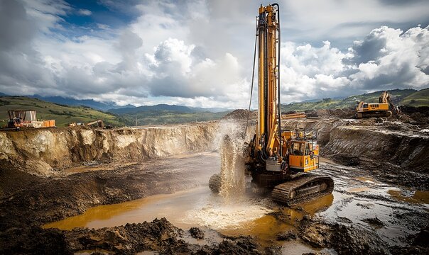 Heavy machinery drilling artesian well for groundwater extraction and soil displacement
