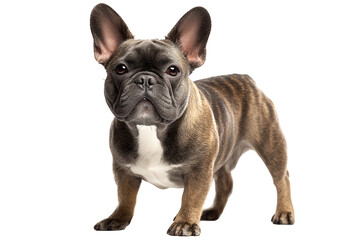 A small brown and white French Bulldog dog with a black nose