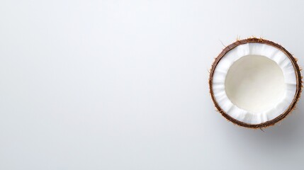 A fresh coconut cut in half, showcasing its white flesh and brown husk, placed on a light background.