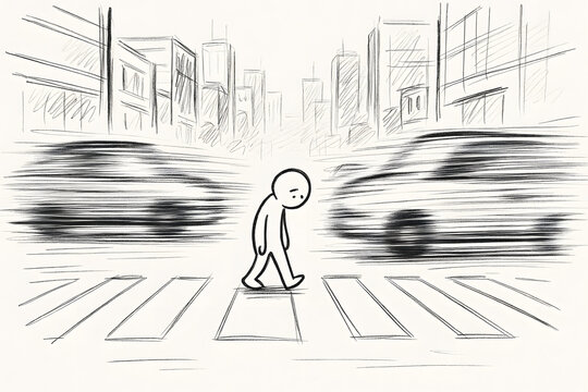 Crossing the Chaos: Amidst the blurry rush of urban traffic, a lone figure navigates a pedestrian crossing, embodying the daily challenge and perseverance of city life.
