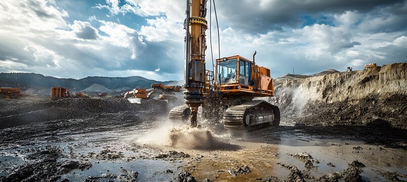 Heavy machinery drilling artesian well for groundwater extraction and soil displacement
