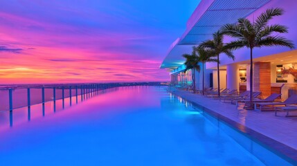 Stunning sunset view from a luxurious rooftop infinity pool with palm trees and vibrant sky