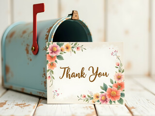 Charming floral thank you card displayed alongside a vintage mailbox, evoking a sense of gratitude and heartfelt appreciation for kind gestures and thoughtful acts