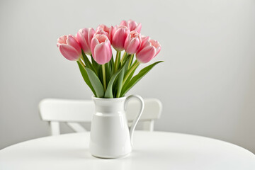 Charming Floral Arrangement, Pink Tulip Bouquet in a White Pitcher on a Table, Perfect for Spring Celebrations and Delicate Floral Aesthetics