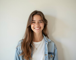 Obraz premium Charming Portrait of a Smiling Teenage Girl with Freckles in Casual Attire Against a Clean Background, Radiating Joy and Natural Beauty, a Captivating Image