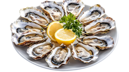 Fresh Oysters on White Plate with Lemon and Parsley Isolated Photo