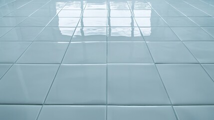 Fototapeta premium A clean, glossy tiled floor reflecting light, showcasing a serene and modern aesthetic ideal for contemporary spaces.