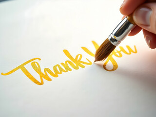 Close-up of an Artist's Hand Painting 'Thank You' with a Delicate Brush and Shimmering Gold Paint on a Crisp White Surface, a Symbol of Gratitude