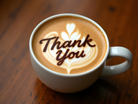 Close-up of coffee cup with Thank You latte art on wooden surface, a delightful expression of gratitude served warm in a charming setting for a special treat