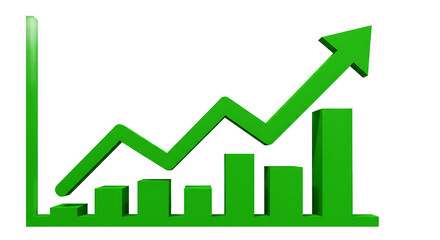 A green graph showing an upward trend with bars and an arrow on a black background design element