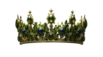 Golden Crown Illustration With Green Gems and Gold Leaves Isolated
