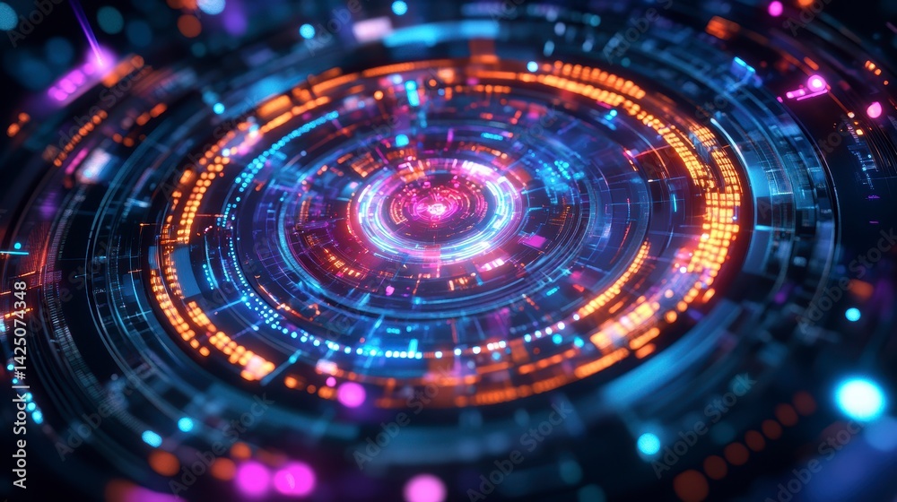 Poster Abstract circular technological interface with glowing neon lights and digital elements.
