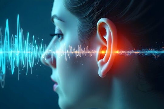 Conceptual Visualization of Sound Wave Perception Entering the Human Ear, Representing Hearing Technology, Auditory Sensation, or Audio Processing in a Futuristic Design