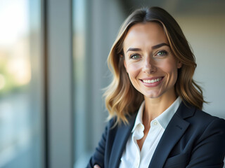 Fototapeta premium Confident businesswoman with a warm smile, radiating professionalism and success in the workplace, perfect for corporate branding and marketing materials