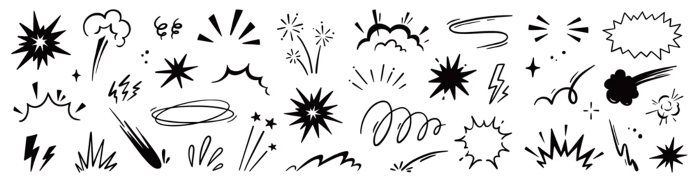 Line speed cartoon effect, boom explosive motion line element set. Comic boom burst, explosive smoke, line speed cartoon vector icon. Hand drawn sketch doodle action effect. Vector illustration