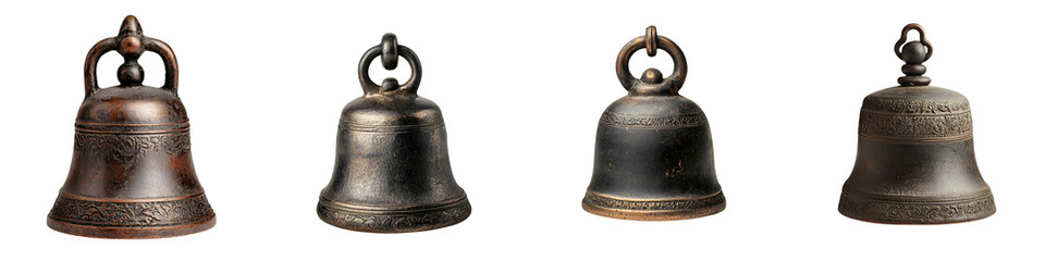 Ornate metallic antique bells in various sizes and designs