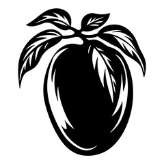 Stylized illustration of a plum with leaves in black and white