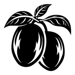 Black and White Fruit Illustration of Two Plums with Green Leaves