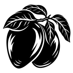 Two plums with leaves in silhouette style, a fruit illustration