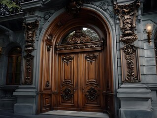 Ornate Wooden Door, Grand Entrance, Luxury - Architectural Details:.